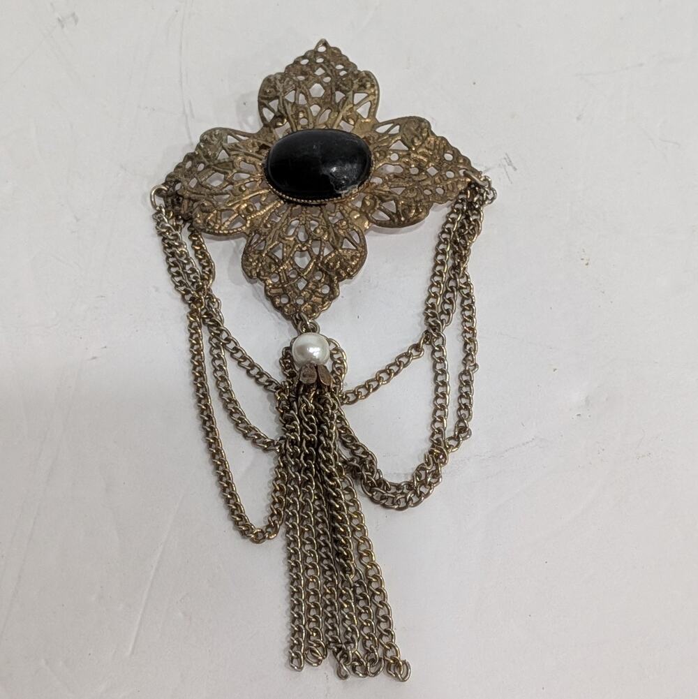 Vintage Victorian Revival Maltese Cross Brooch Gold Tone Filigree Black Cabochon